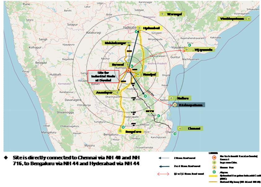 Anantapur, Andhra Pradesh, CBIC, Chennai-Bangalore Industrial Corridor (CBIC), Dharwad, HBIC, Hubbali, Hyderabad, Hyderabad Bengaluru Industrial Corridor (HBIC), Kadapa, Karnataka, Krishnapatnam, Kurnool, Nandyal, National Industrial Corridor, Orvakal, Tirupati, VCIC, Vijayawada, Vishakhapatnam-Chennai Industrial Corridor (VCIC)